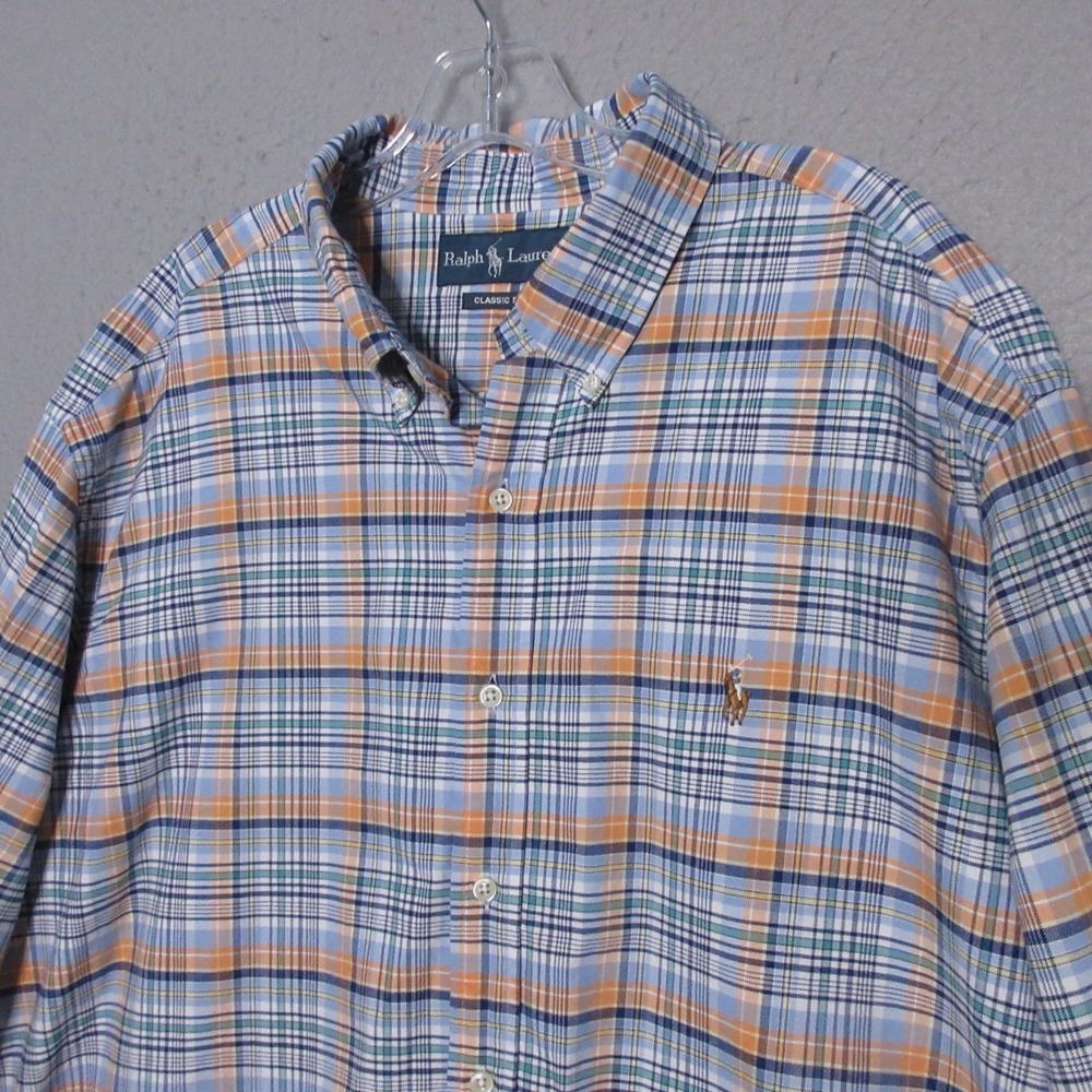 Ralph Lauren Oxford Shirt Men XXL‎ Blue Orange Plaid Chambray Flesh Pony Vintage